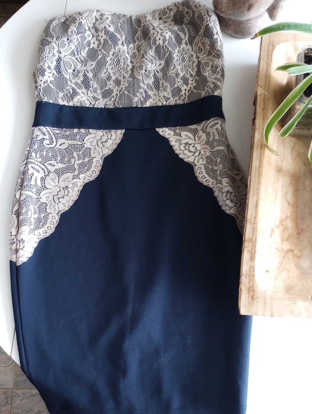 AX Paris Navy Pencil Skirt with Beige Lace Panels